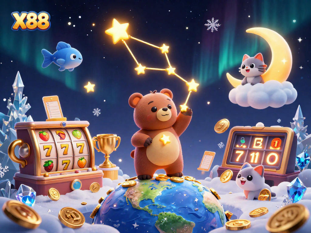 X88 showcases an enchanting scene with constellation bear, coins, and dynamic slot elements.