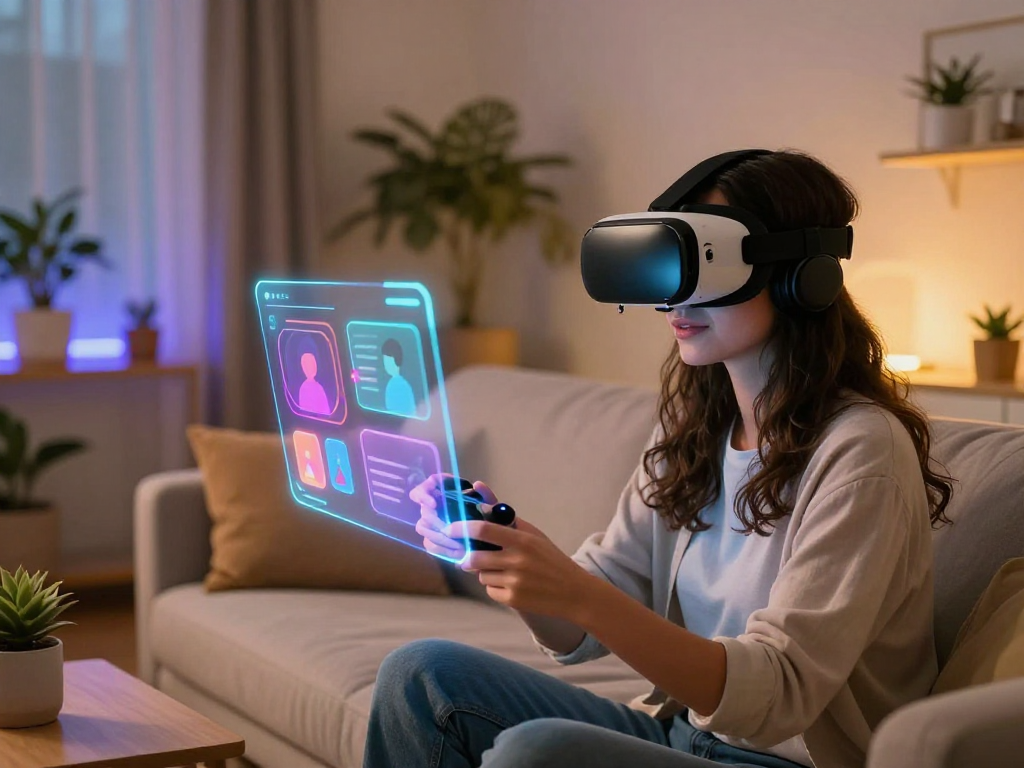 Experience interaction with an AI girlfriend in a cozy virtual reality setting.