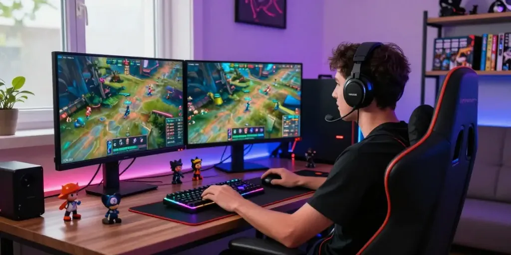 Player engaged in F168 online gaming with vibrant decor and atmosphere.