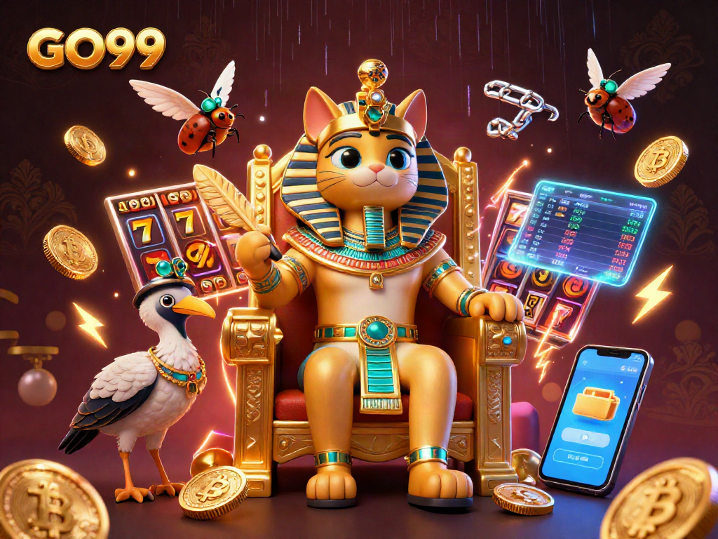 Experience thrilling gameplay with GO99 as the Egyptian pharaoh cat dives into the world of slots.