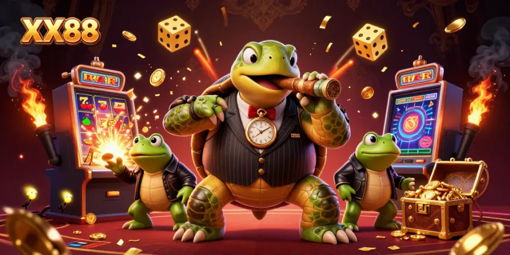 Experience thrilling gameplay at XX88 with a vibrant 3D casino scene featuring animations and festive elements.