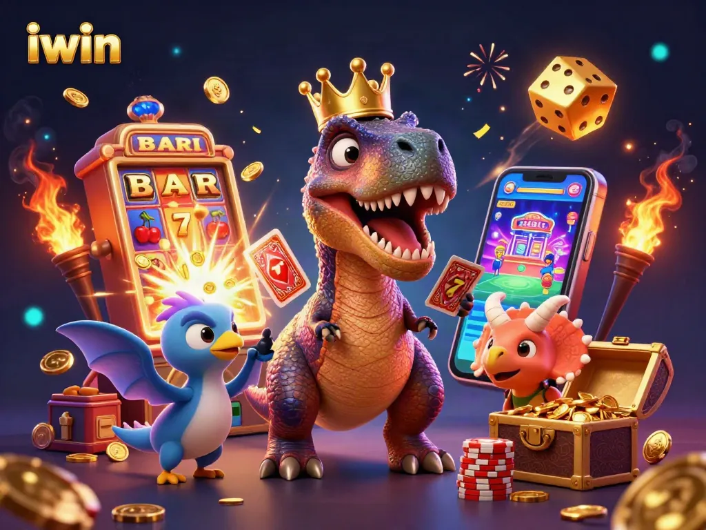 iwin casino experience with T-Rex and friends enjoying slot machine jackpots and gaming excitement