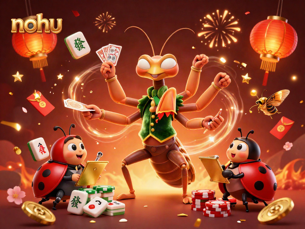 Nohu card sharp dealing cards and pouring champagne amidst festive casino elements.