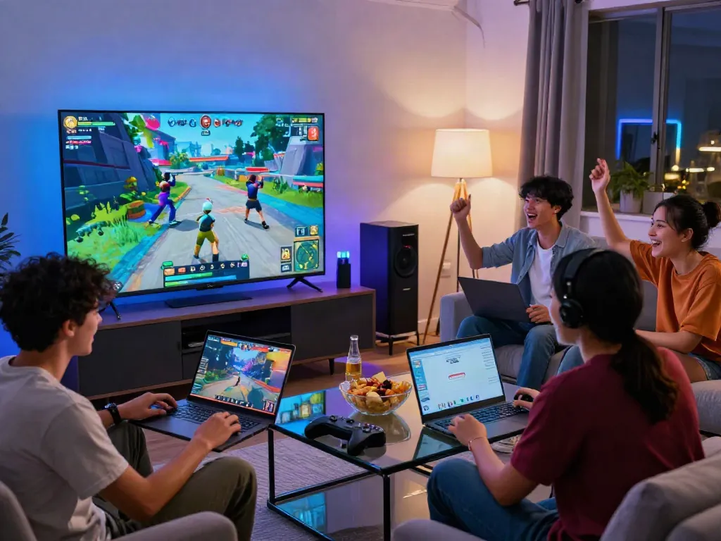 Friends enjoying an exciting gaming session at home, showcasing da88 online entertainment.