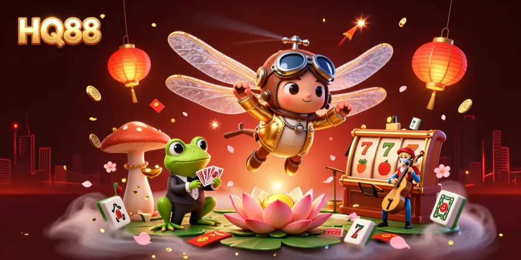Experience thrilling gameplay at HQ88 with a vibrant casino scene featuring a dragonfly pilot and a frog dealer.