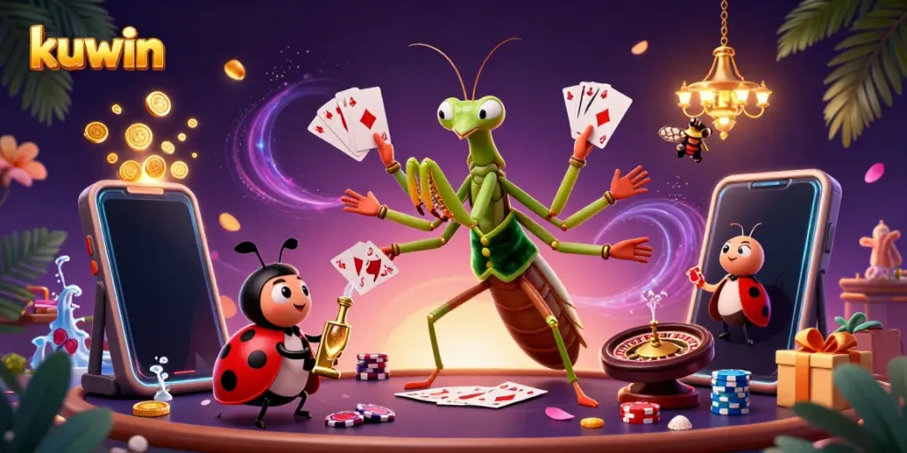 Kuwin gaming scene with a vibrant praying mantis dealer, ladybug pit boss, and a colorful slot game