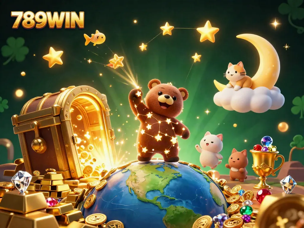Explore winning opportunities at 789WIN with golden treasures, a constellation bear, and joyful gaming elements.