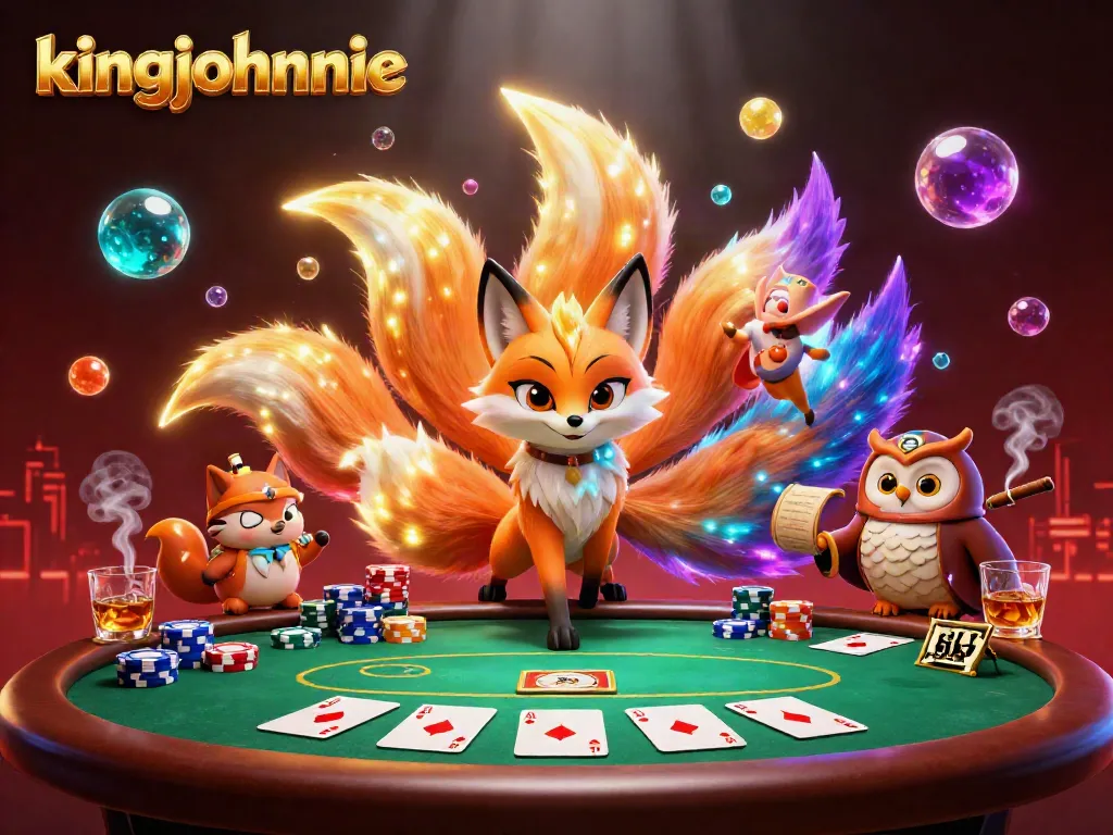Experience the vibrant energy of kingjohnnie's casino with a mystical nine-tailed fox and wise owl.