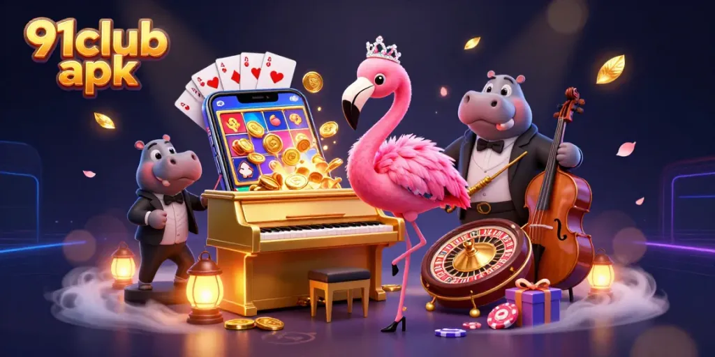 Spin exciting reels with 91club apk in this vibrant 3D casino scene featuring fun characters.