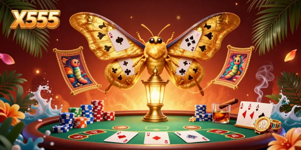 X555 immersive casino scene with an atlas moth and poker elements, showcasing vibrant colors.