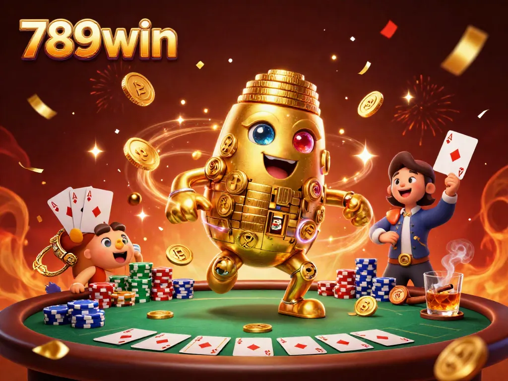 Engage with the vibrant world of 789win as golden golems and poker elements come alive in an interactive casino scene.