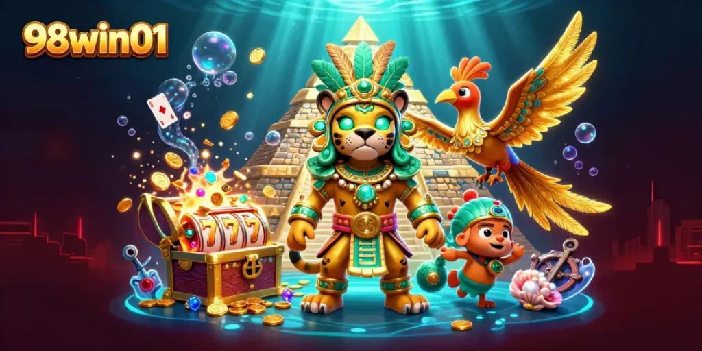 Experience the excitement of 98win01 with vibrant slot reels, gold coins, and dynamic casino elements