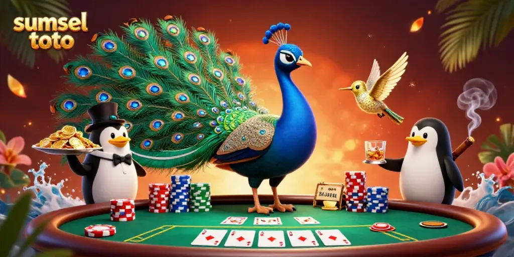 Experience the thrill of sumsel toto with vibrant characters around a dynamic poker scene.