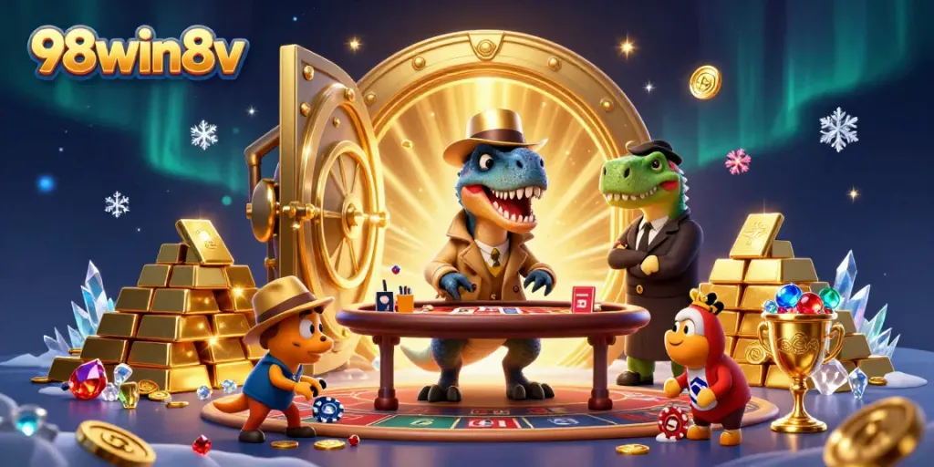 Experience thrilling blackjack action at 98win8v with animated characters, treasures, and casino elements.