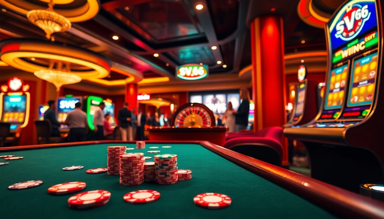 Experience thrilling gaming at SV66's premier casino table with vibrant chips and cards.