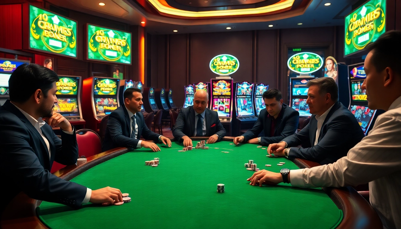 Engaging poker players enjoying a game at S8 casino with glamorous ambience and high-stakes excitement.