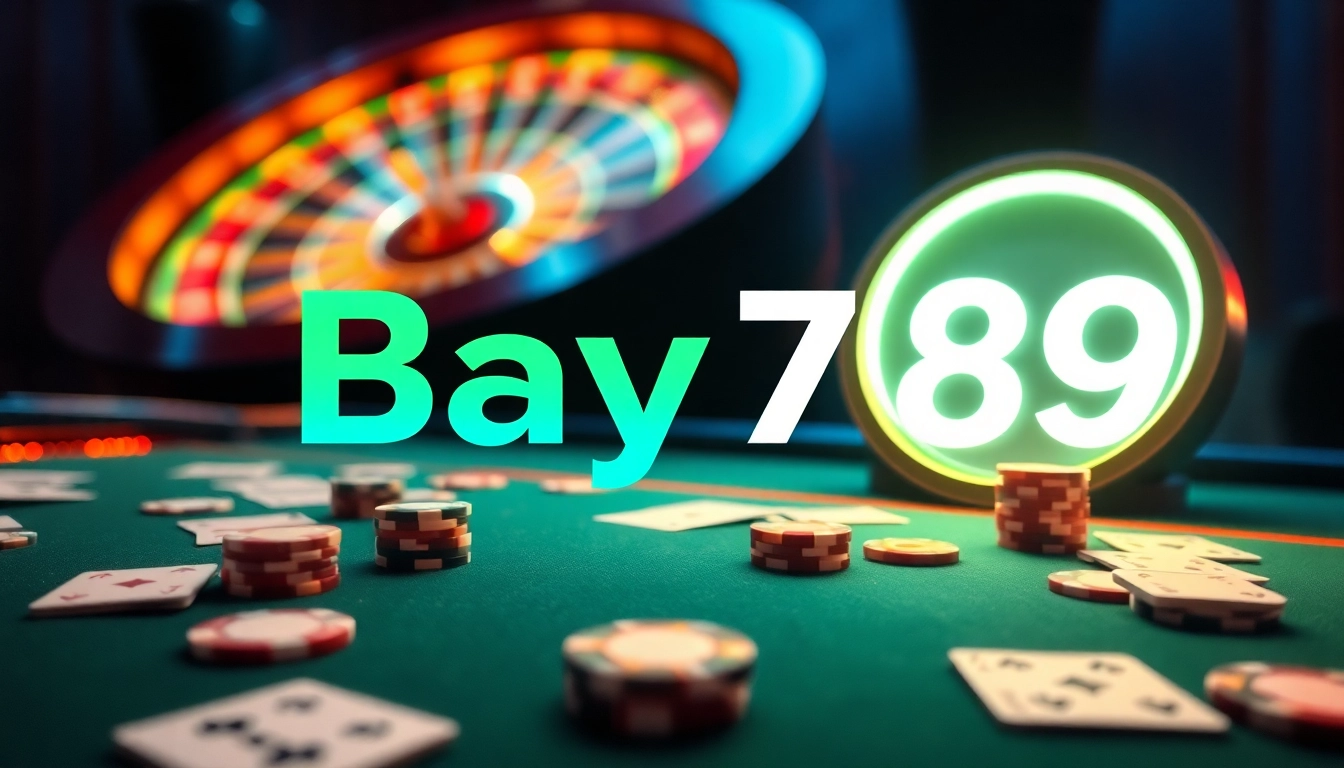 Engage in thrilling gameplay at Bay789 with a vibrant casino setting full of poker chips and cards.