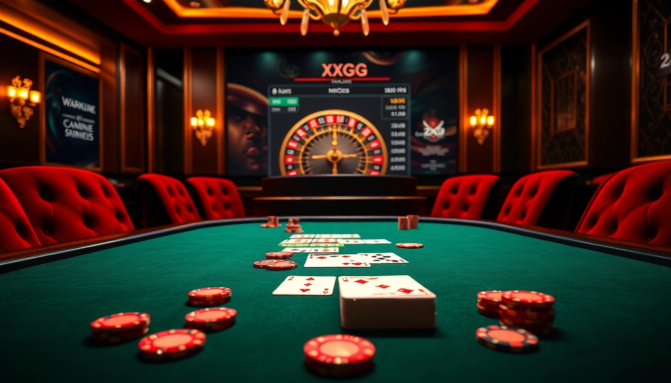Engaging in a thrilling poker game at the upscale XXGG casino, illuminated by elegant lighting.
