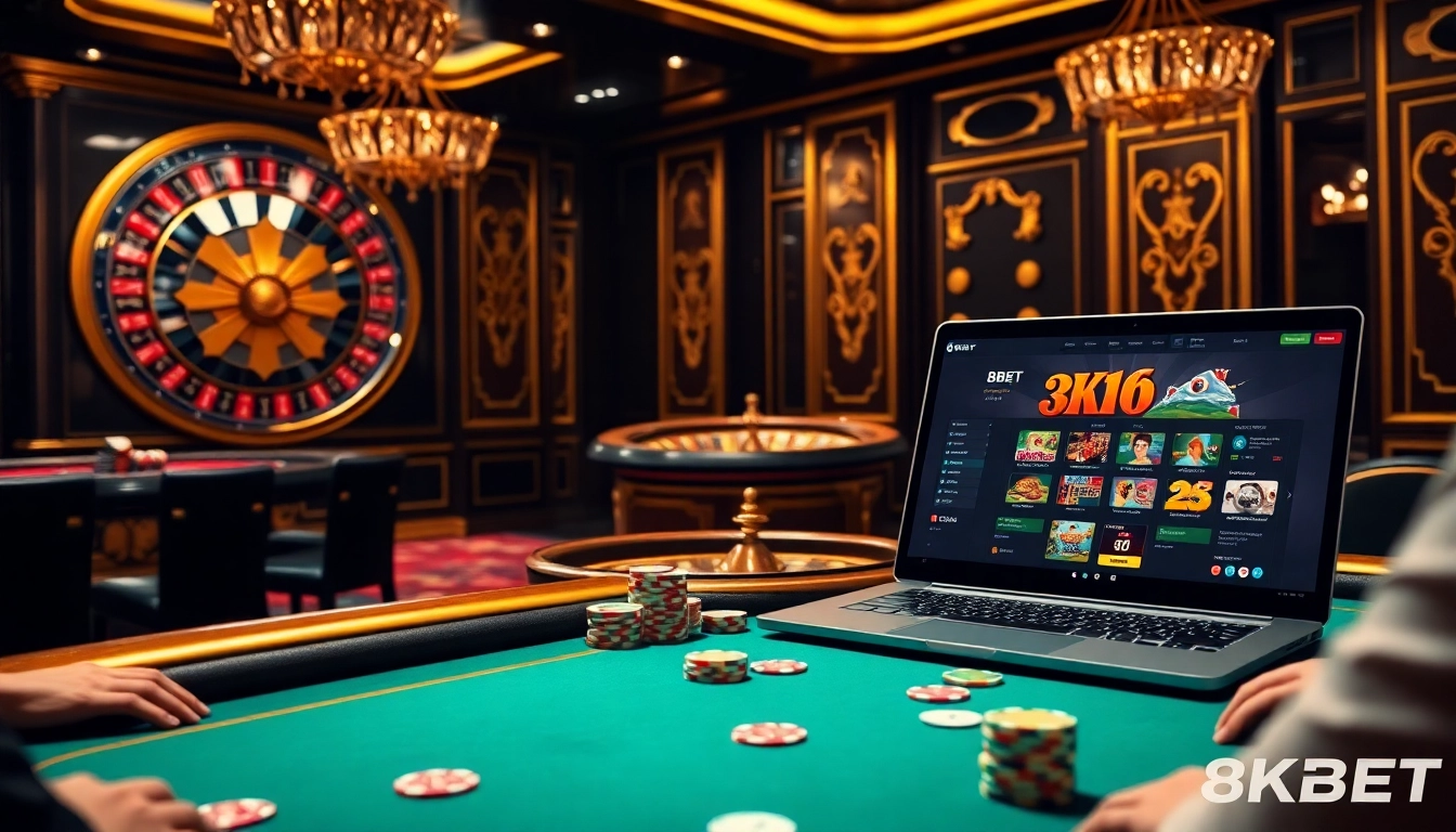 Experience the thrill of winning at 8KBET with a vibrant casino scene featuring poker and roulette excitement.
