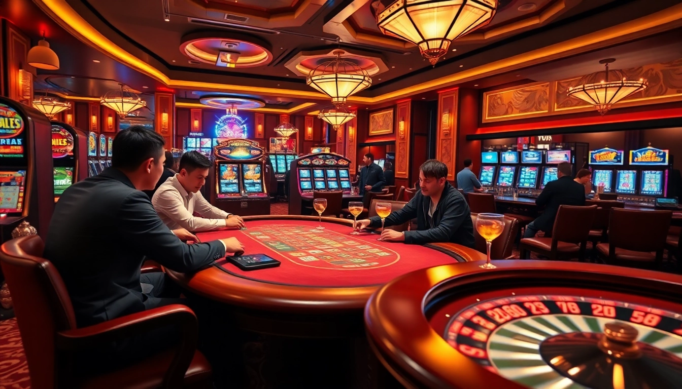Engaging scene of a high-stakes poker game with luxurious casino features highlighting https://bem88.io/ excitement.