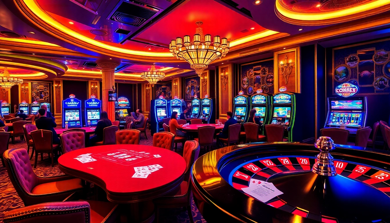 Go8 players enjoying a luxurious casino experience at a poker table with vibrant slot machines.