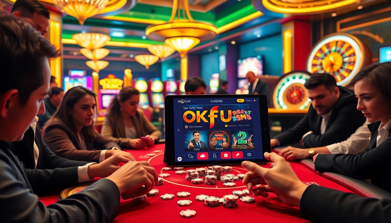 Experience the excitement at OKFUN casino with players enjoying thrilling games and vibrant casino visuals.