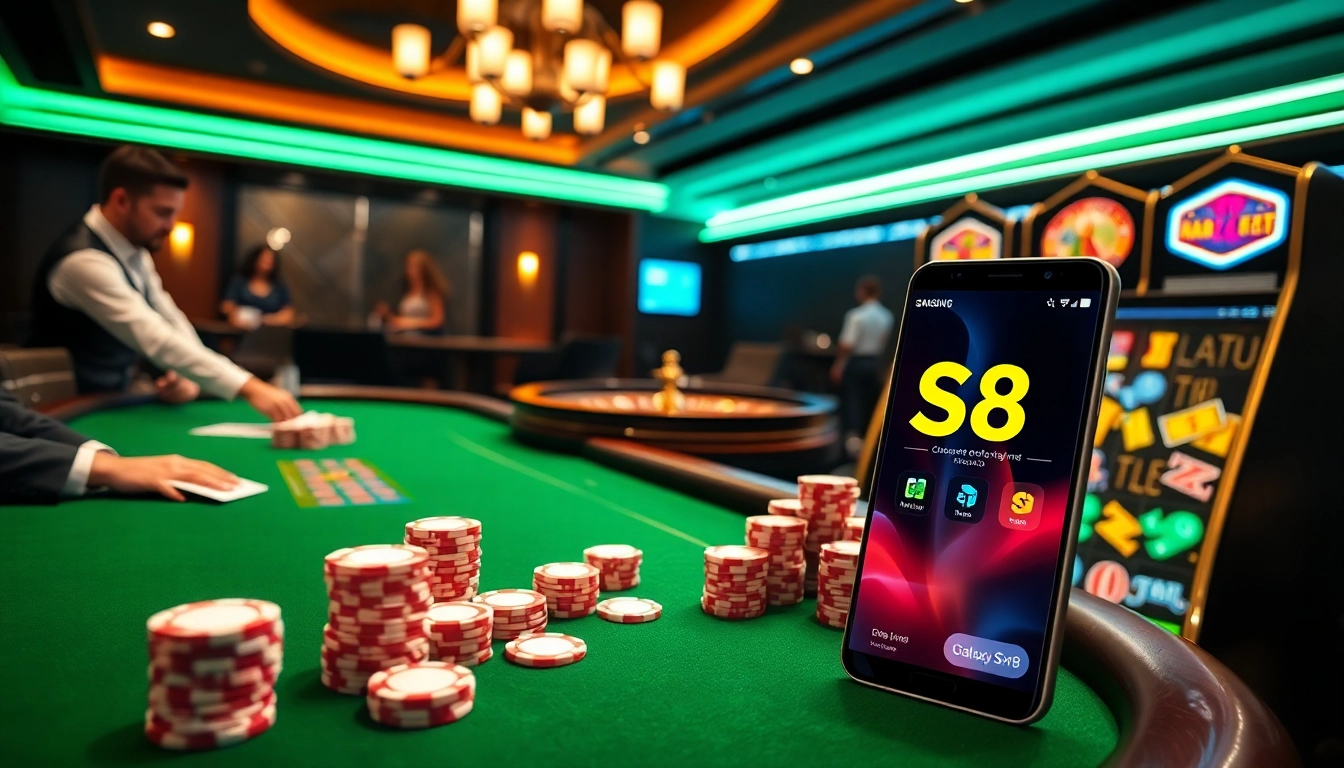 S8 gaming platform showcased in a vibrant casino scene with poker chips and roulette wheel.