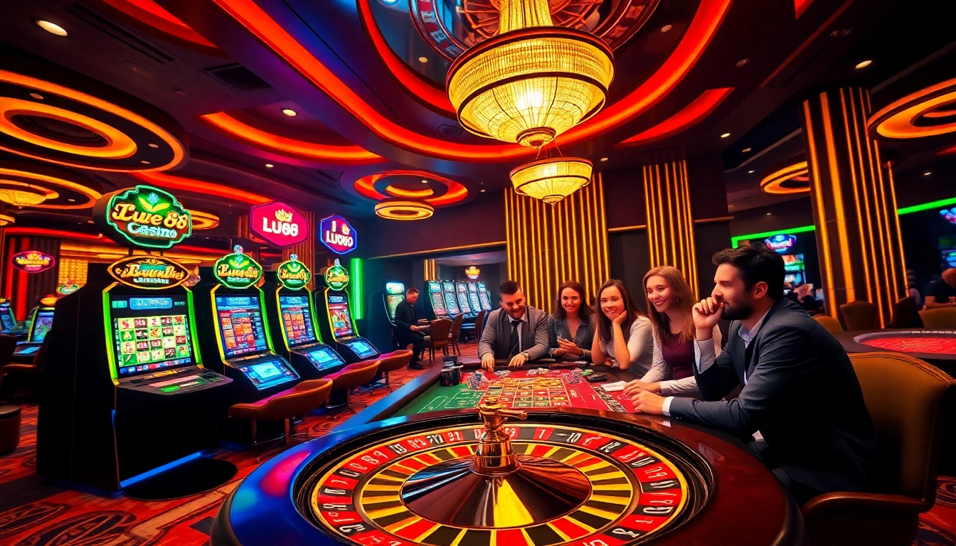 Experience thrilling gaming action at Lu88 casino with vibrant slot machines and poker tables.