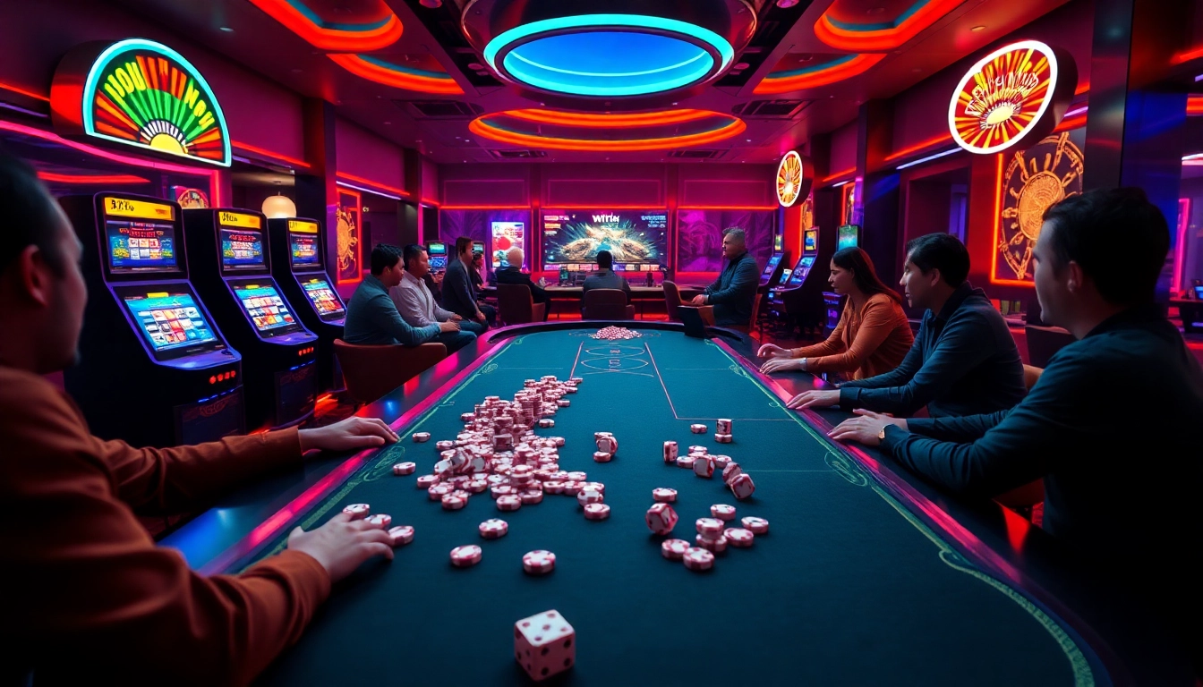 Nohu players enjoying vibrant slot games and poker at an exciting online casino table.