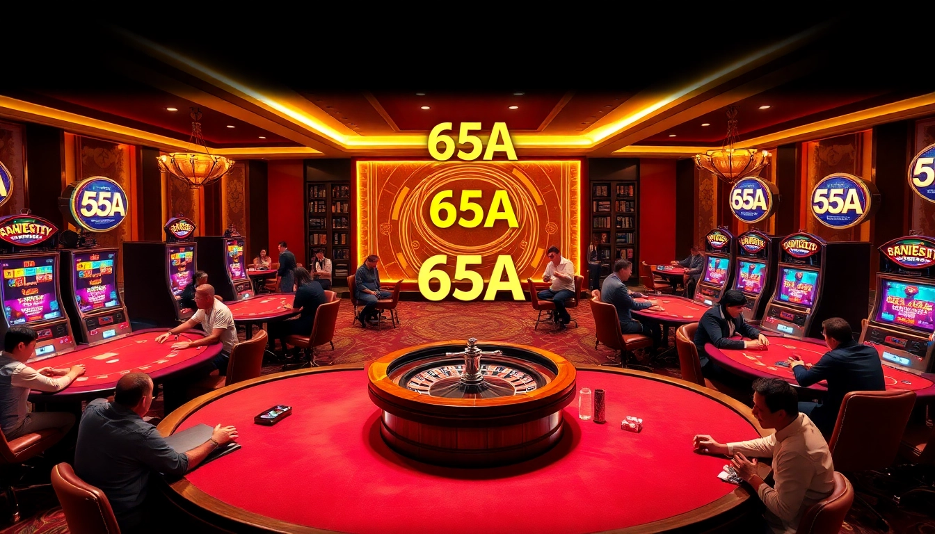 Players enjoying an exciting gaming experience with the 65A casino platform amidst vibrant slot machines and poker tables.