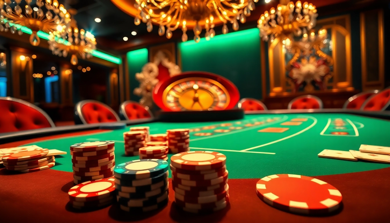 Experience the excitement of Bay789 at a luxury casino table with vibrant poker chips and roulette.