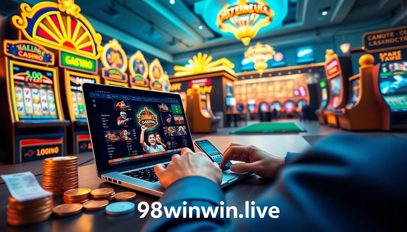 Online gaming interface at 98winwin.live with vibrant betting options and a user engaged on laptop and smartphone.