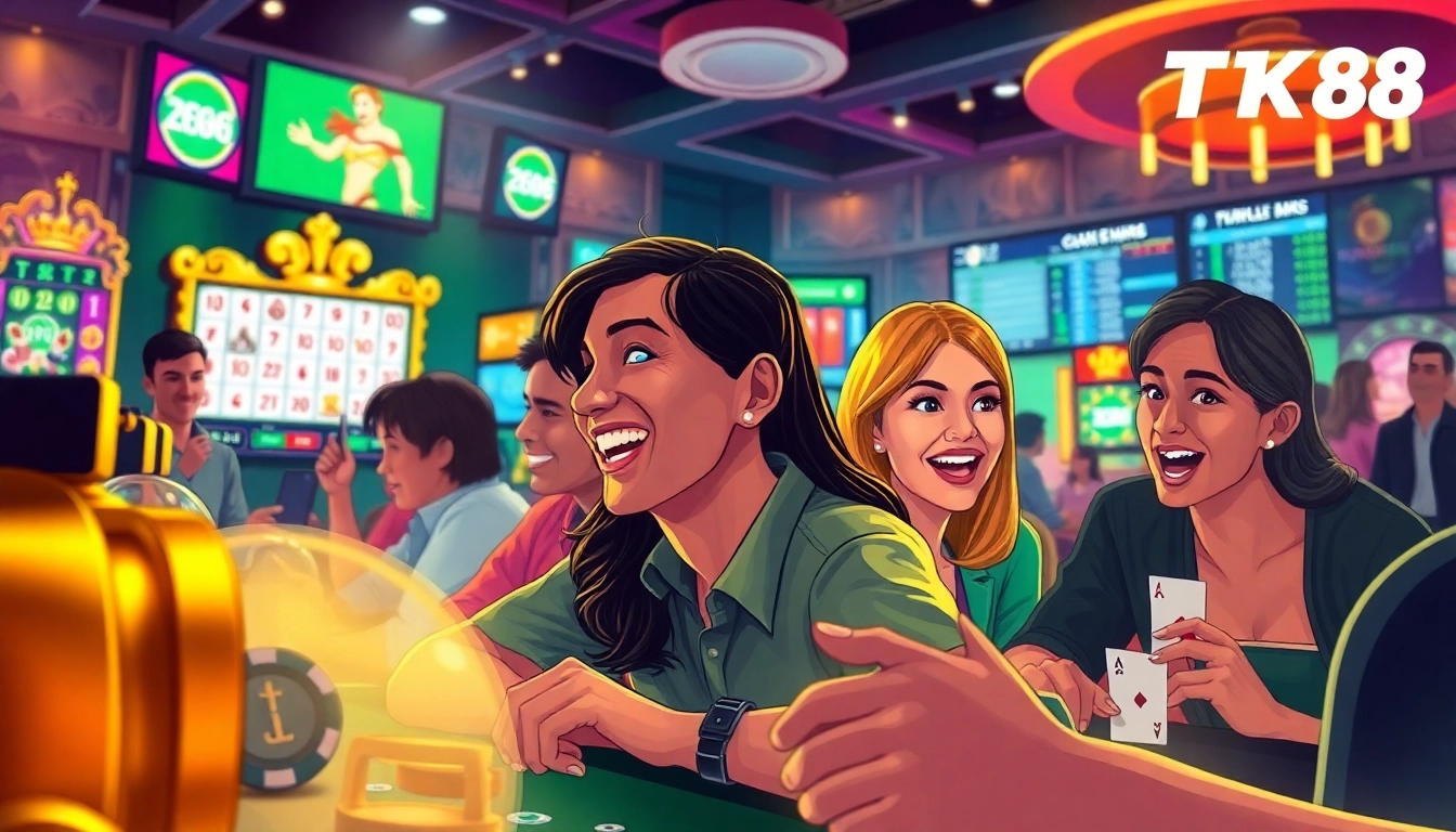 Engaging gaming scene showcasing tk88win.live with players enjoying casino games and sports betting.