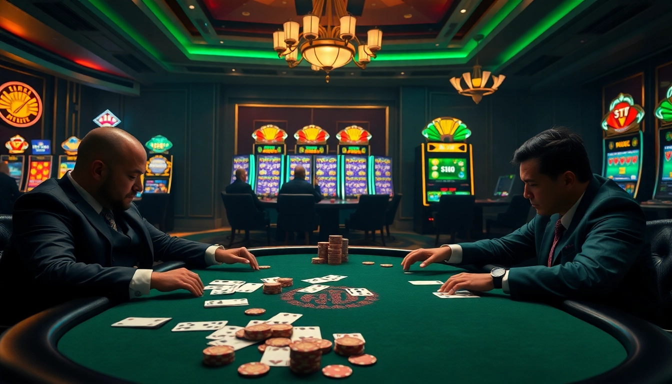 Players enjoying an intense poker game at rikvip, showcasing luxury casino elements and excitement.