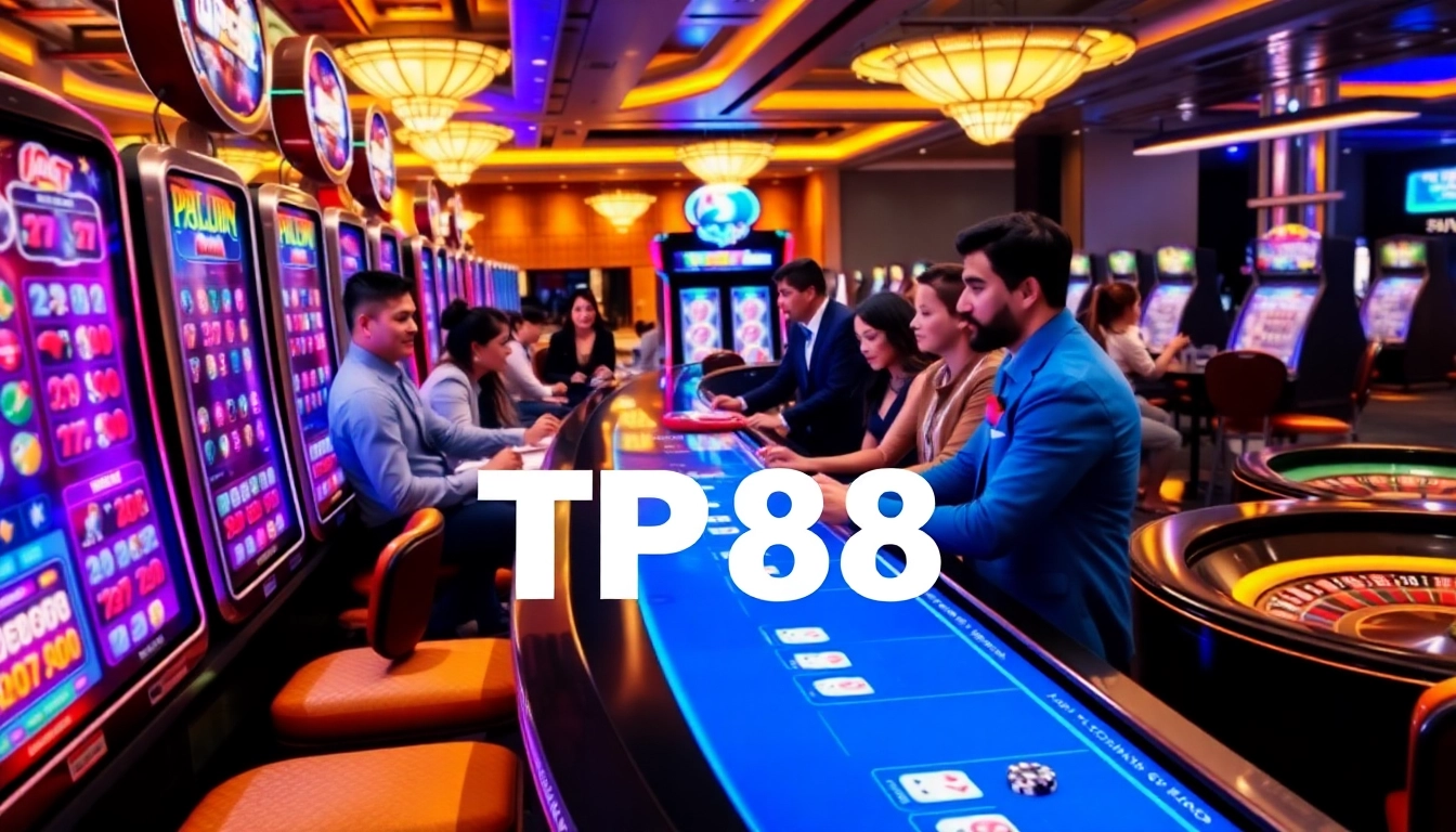 Excited players enjoying slot machines at TP88 Casino, surrounded by vibrant casino elements.