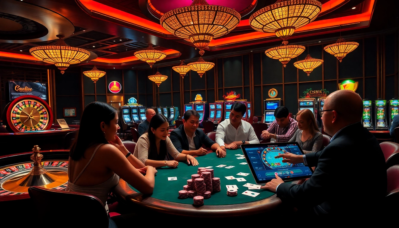 Players enjoying a thrilling poker game at a luxurious casino inspired by https://58win4b.net/.