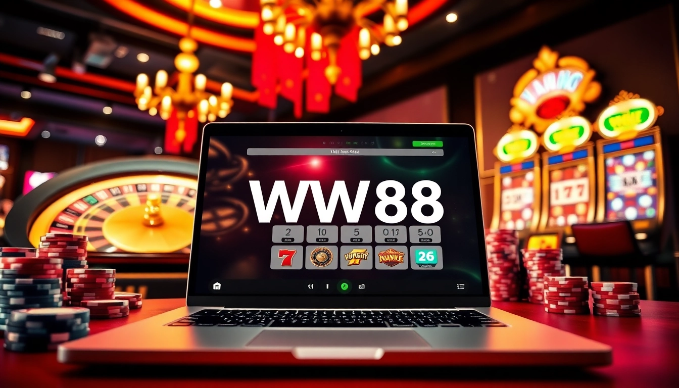 Experience the excitement of WW88 with vibrant casino elements like poker chips and a roulette wheel.
