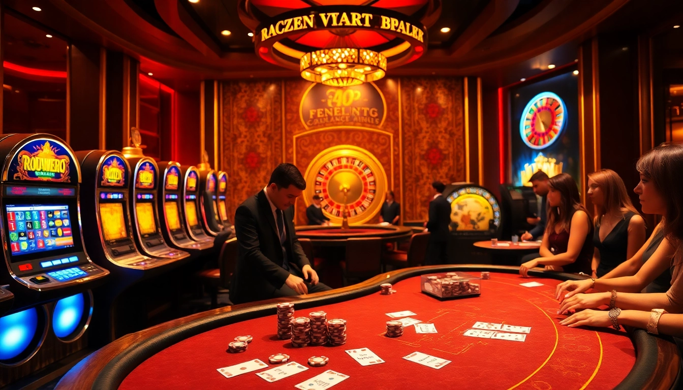 Players engaging in high-stakes poker and slot machines at a luxurious casino - https://febet4.art/ excitement.