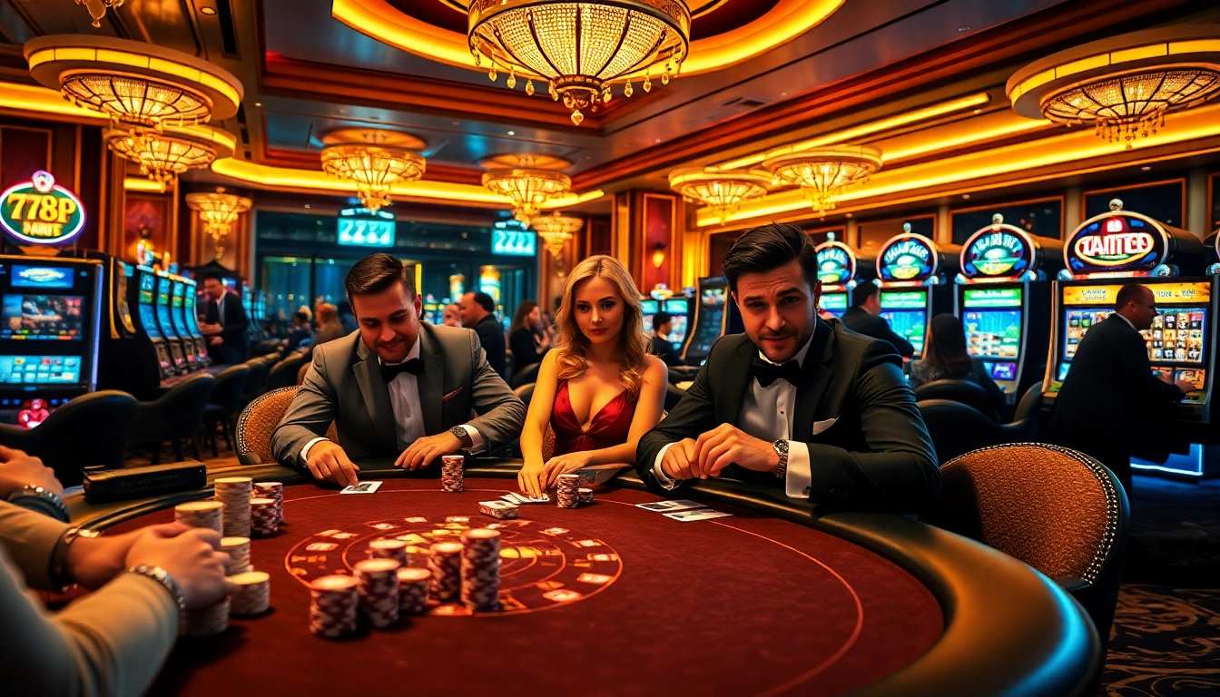 Players experiencing excitement at a casino with 789P themed poker games and vibrant slot machines.