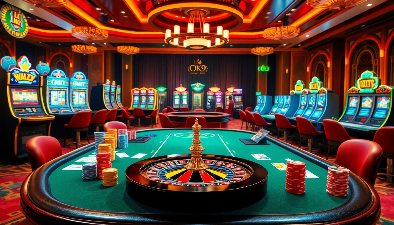 Join the excitement at Link OK9 with a vibrant casino scene featuring poker chips and roulette action.
