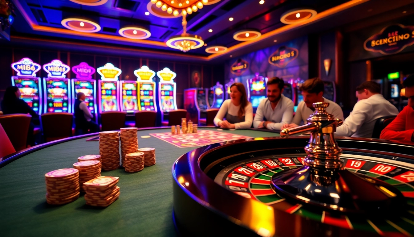Players enjoy a game at the luxurious casino, featuring MB66-themed roulette and poker tables.