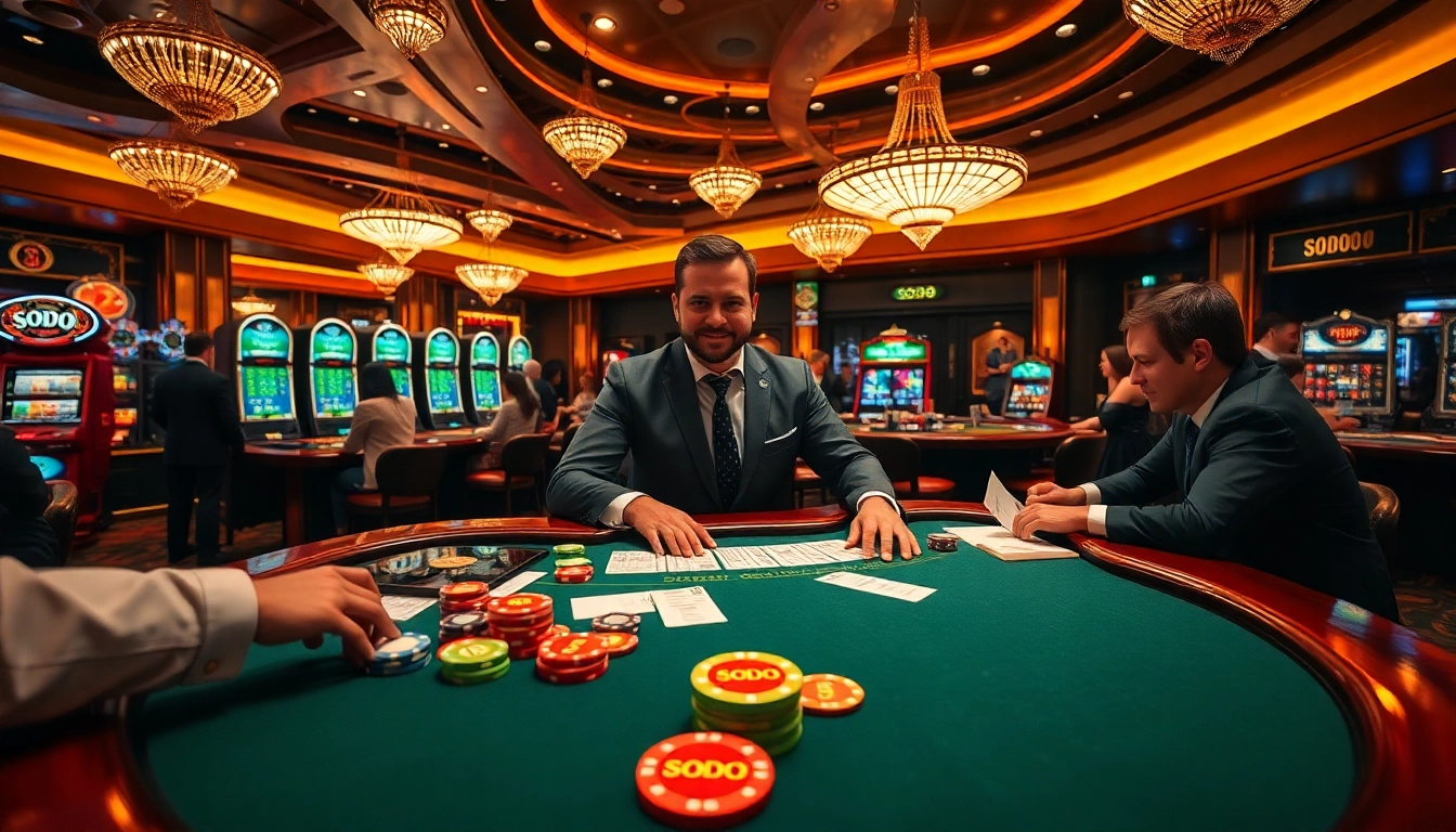 SODO Casino offers an exciting poker game experience with vibrant chips and lively players.