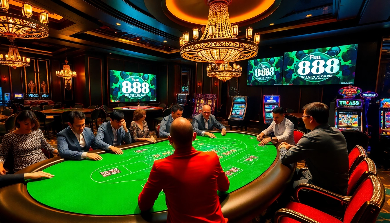 Players engage in intense poker action at a luxurious table while enjoying Fun 88's offerings.