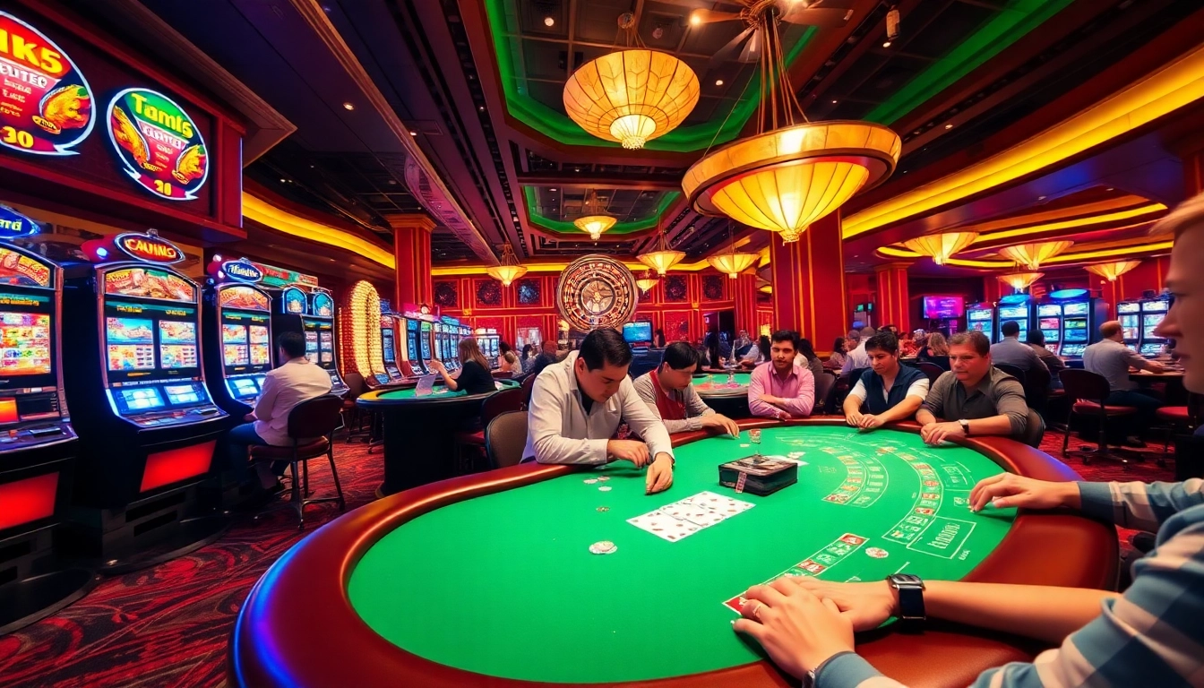 Experience the excitement of mb66.nyc with players engaged at casino tables and vibrant slot machines.