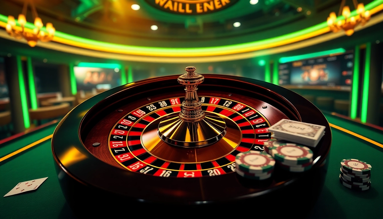 Engage with thrilling games at loto188.gb.net, showcasing poker chips and roulette amid a luxurious casino ambiance.