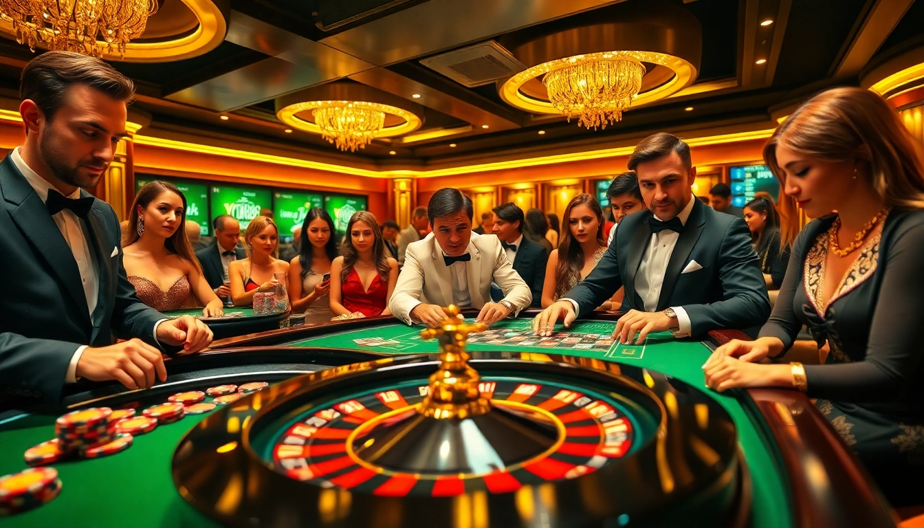 Players engage in high-stakes gambling at a luxurious uu88 casino table, featuring roulette and poker elements.