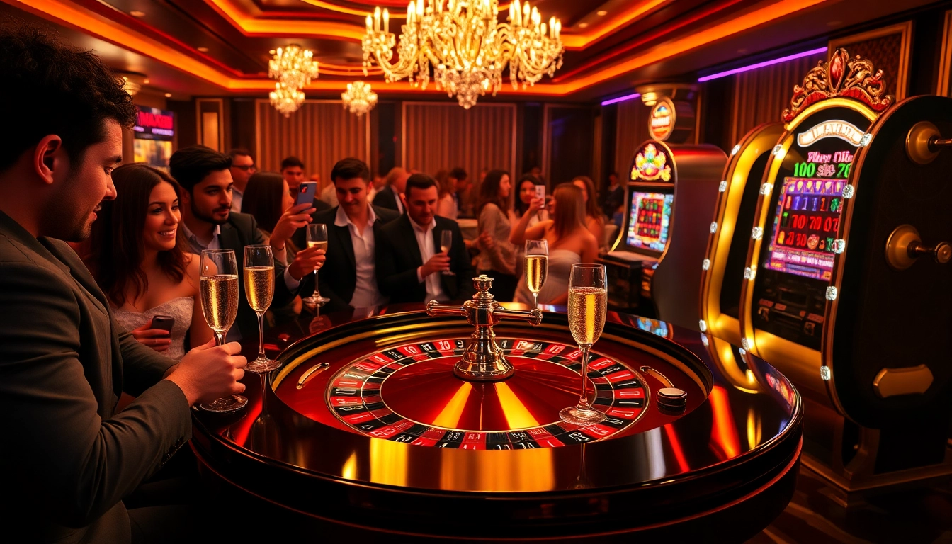 Exciting gaming scene at max88 with roulette and slot machines, creating a thrilling atmosphere.
