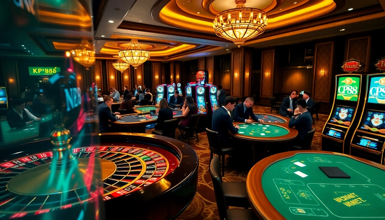 Kp88 players engaged at a luxurious casino's roulette wheel and poker tables, showcasing a thrilling betting atmosphere.