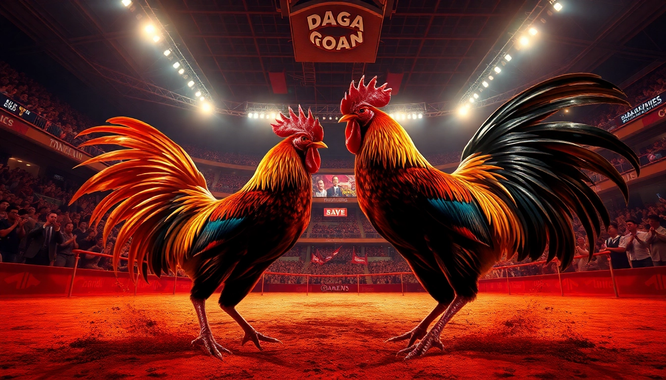 DAGAwins live cockfighting arena filled with excitement and vibrant colors.
