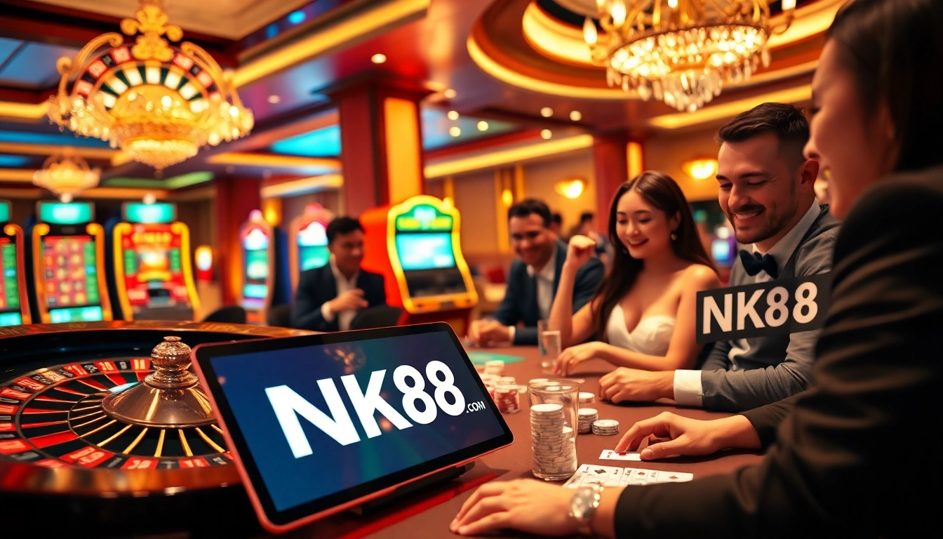 Players enjoy a thrilling gambling experience at NK88.com, featuring roulette, slots, and poker.
